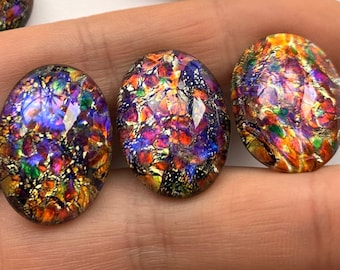 Vintage Black Opal Cabochons 25x18 Art Glass Rainbow Harlequin Foil inside w. purple flash cabs C1-58
