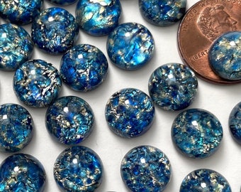 Vintage Blue Opal Cabochons 10mm Glass Silver Flecked Foil Art Glass Czech Jewelry Cabs C6-92