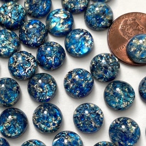 Vintage Blue Opal Cabochons 10mm Glass Silver Flecked Foil Art Glass Czech Jewelry Cabs C6-92