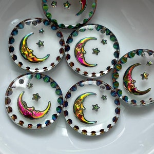 Vintage Moon & Star Intaglio Drops Vitrail Glass 18mm Metallic Rainbow Pendant Beads BD240