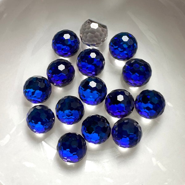 Vintage 8mm Deep Blue Heliotrope Faceted 3/4 Ball Stone / Cobalt Blue Purple Glass Cabochon Flatback Foiled Czech Gems #34B7-B