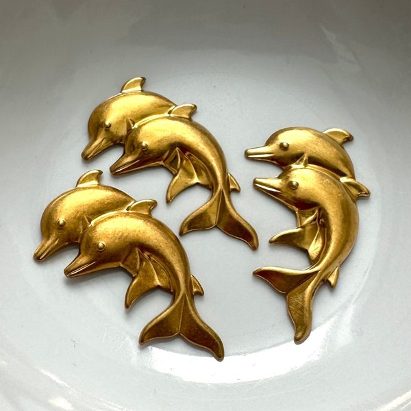 Vintage Double Dolphin Stampings / Brass Playful Aquatic 26.5x14.5 Jewelry Findings Craft Embellishments FND6-C