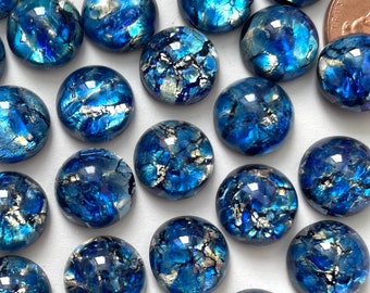 Vintage Blue Opal Cabochons 11mm Art Glass Silver Flecked Foil Czech Jewelry Cabs C6-93