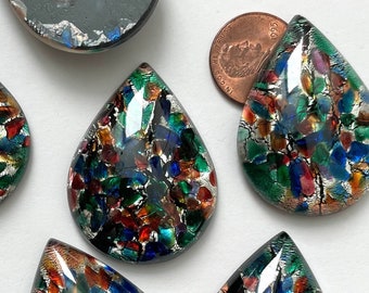 Vintage Czech Glass Cabochons Fiesta Multi Black Opal 40x30 Pear Rainbow Harlequin Jewelry Cabs C1-99