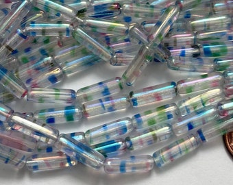 Vintage Iris AB Tube Beads Glass Pink Blue Green Stripe Clear 14x4mm Czech Jewelry Beads BD233