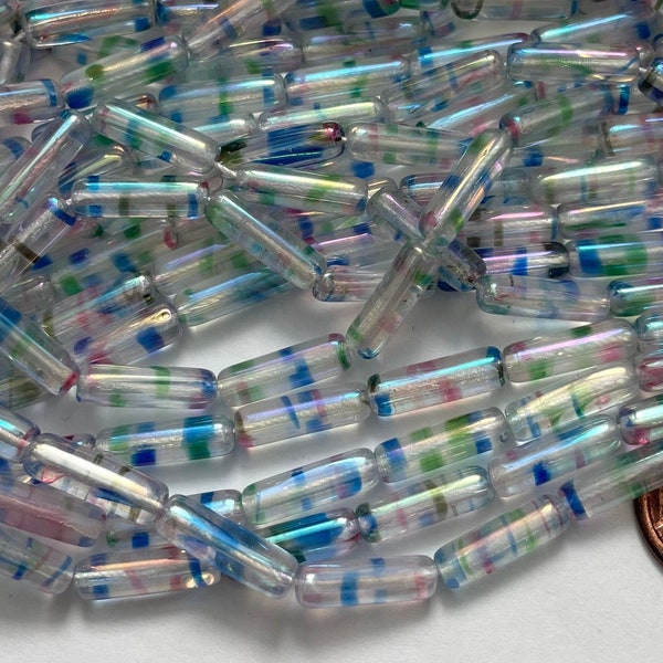 Vintage Iris AB Tube Beads Glass Pink Blue Green Stripe Clear 14x4mm Czech Jewelry Beads BD233