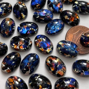 Vintage Black Opal Cabochons 14x10 Art Glass Orange Gold Silver Foil inside w. Blue flash Jewelry cabs C1-63-B