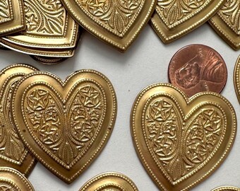 2 or 3 Vintage Brass Hearts Jewelry Stampings w. Decorative Art Nouveau Motif 35.5x33.5mm Findings / Craft Embellishments AS IS  FND151-H2