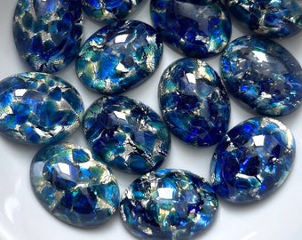 Vintage Czech Glass Opal Cabochons Blue Art Glass 16x12 Oval Silver Flecked Jewelry Cabs C6-89