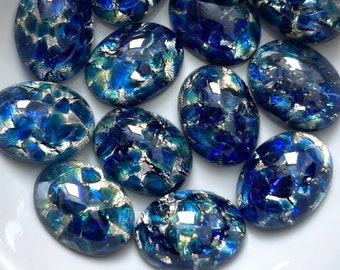 Vintage Blue Opal Cabochons Art Glass 16x12 Oval Czech Silver Flecked Jewelry cabs C6-89