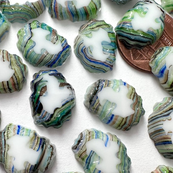 8 or 12 Vintage Unusual Glass Cabochons Funky Givre Stripe Mountain Top Green Blue Red White Swirl 15.5mm x 12mm Molded Jewelry Cabs C4-21-B
