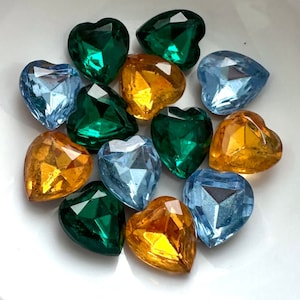 Vintage Heart Stones Lot Foiled Glass 12mm x 11mm Emerald Green Lt Sapphire Blue Golden Topaz Citrine AS IS Jewelry stones STNMX44-LotA2