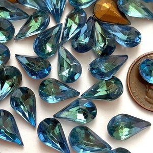 Vintage Sabrina Glass Stones Teardrop Blue Green 13x8 - 13.5x8.5 Foiled AS IS Jewelry stones STN273