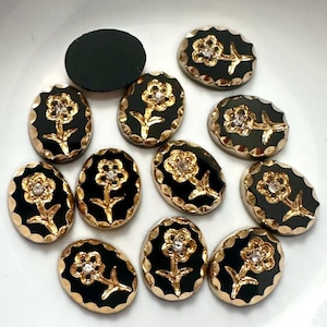 Vintage Flower Cabochons Glass 10x8 Black & Gold w. Teeny Rhinestone Floral Made in Germany Jewelry Cabs / Craft Embellishments C1-88-B