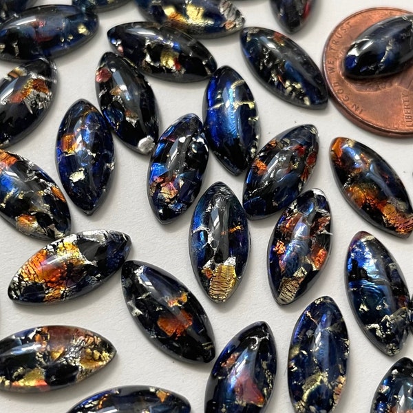 Vintage Black Opal Navette Cabochons 15x7 Art Glass w. Blue Dragons Breath flash Czech Jewelry Cab Stones C1-100