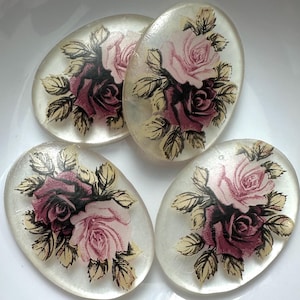 Vintage Rose Cabochons Acryl Limoges Rosa Lila Blume & Blatt 25x18 Floral Multi Pealrized Schmuck Cabs C4-33-C