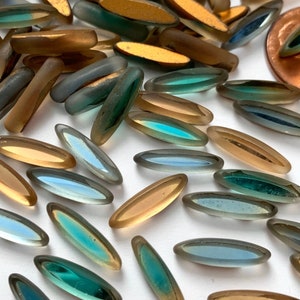 Vintage Sabrina Cabochon Stones 15/4 Frosted Teal Green / Golden Brown Topaz / Montana Blue Glass 15x4 Elongated soft Navette cabs (STN58)