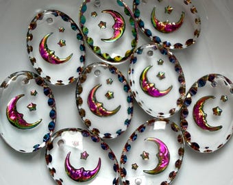Vintage Mond & Stern Intaglio Tropfen Vitrail Glas 18x13 Oval Metallic Regenbogen Anhänger Perlen BD221-F