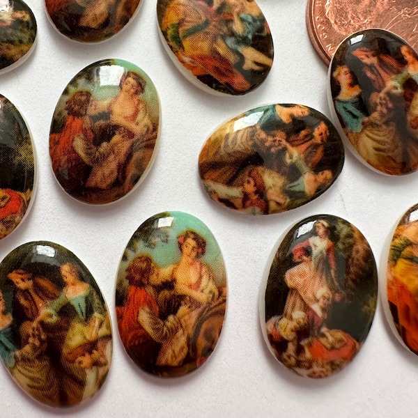 Vintage Limoges Cabochons Renaissance Revival West German Glass Friends Lovers Partners Jewelry 18x13 Cabs C15-91-C