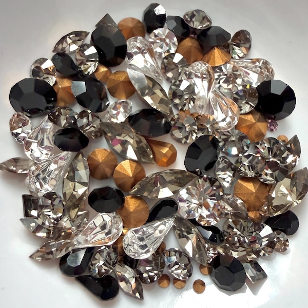 Vintage & New Swarovski Stones Mix Foiled Jet Onyx Black Diamond Clear Crystal Mixed Shapes Rhinestone Destash Lot STNMX3-W (1 Lot)