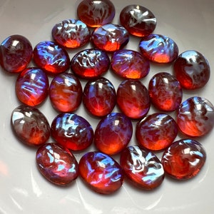 Vintage Dark Mexican Opal Cabochons 10x8 Glass Orange Red w. Blue Purple Flash Dragon's Breath West German Jewelry Cabs C10-22-B