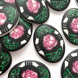 Vintage Acryl Blumen Cabochons Rose Rosa Lila Grün Schwarz Weiß 40x30 Blumen Motiv Flatback Cabochons C1-111