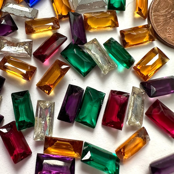 Vintage Glass Deco Stones Mix Baguette 10x5 Unfoiled & Foiled Faceted Ruby Emerald Purple Topaz Clear 10x5 Jewelry Rhinestones STN235-E