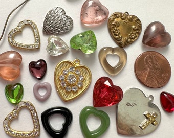 Vintage Heart Charms Findings Beads Cabochons Stampings Lot Brass Glass Rhinestone Craft Embellishments / Cab Assortment FNDMX2-N  (1 lot)
