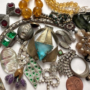 Vintage Art Deco Findings Repair Lot Rhinestone Components Beads Chain Glass Cabochons Pot Metal up cycled Jewelry Mix FNDMX10-R (1 Lot)