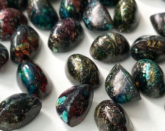 Vintage Rainbow Foil Cabochons Black Glass Speckled Oval high dome 11.5x8 Metallic cabs (C1-12)