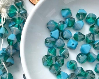 Vintage Czech Glass Beads Bicone Bicolor Teal Blue Periwinkle Marble 5mm 6mm funky beads BD29