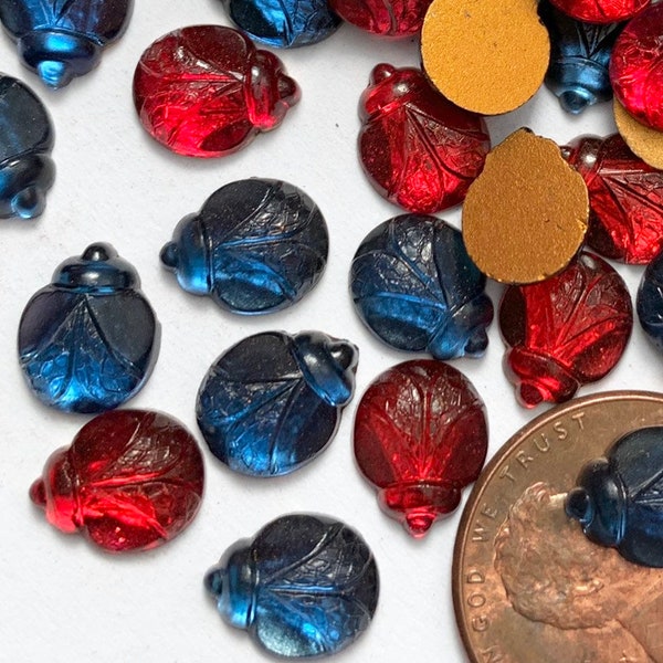 12 Vintage Ladybug Cabochons Foiled Glass Ruby Red Sapphire Blue 9x7 Pressed Playful Jewelry Cabs C15-42-B