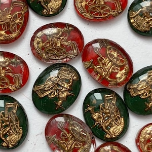 8 or 12 Vintage Intaglio Cabochons 10x8 Glass Man with Rickshaw Wagon 10/8 Red Green Gold Painted Cabs NTG20 -R -G