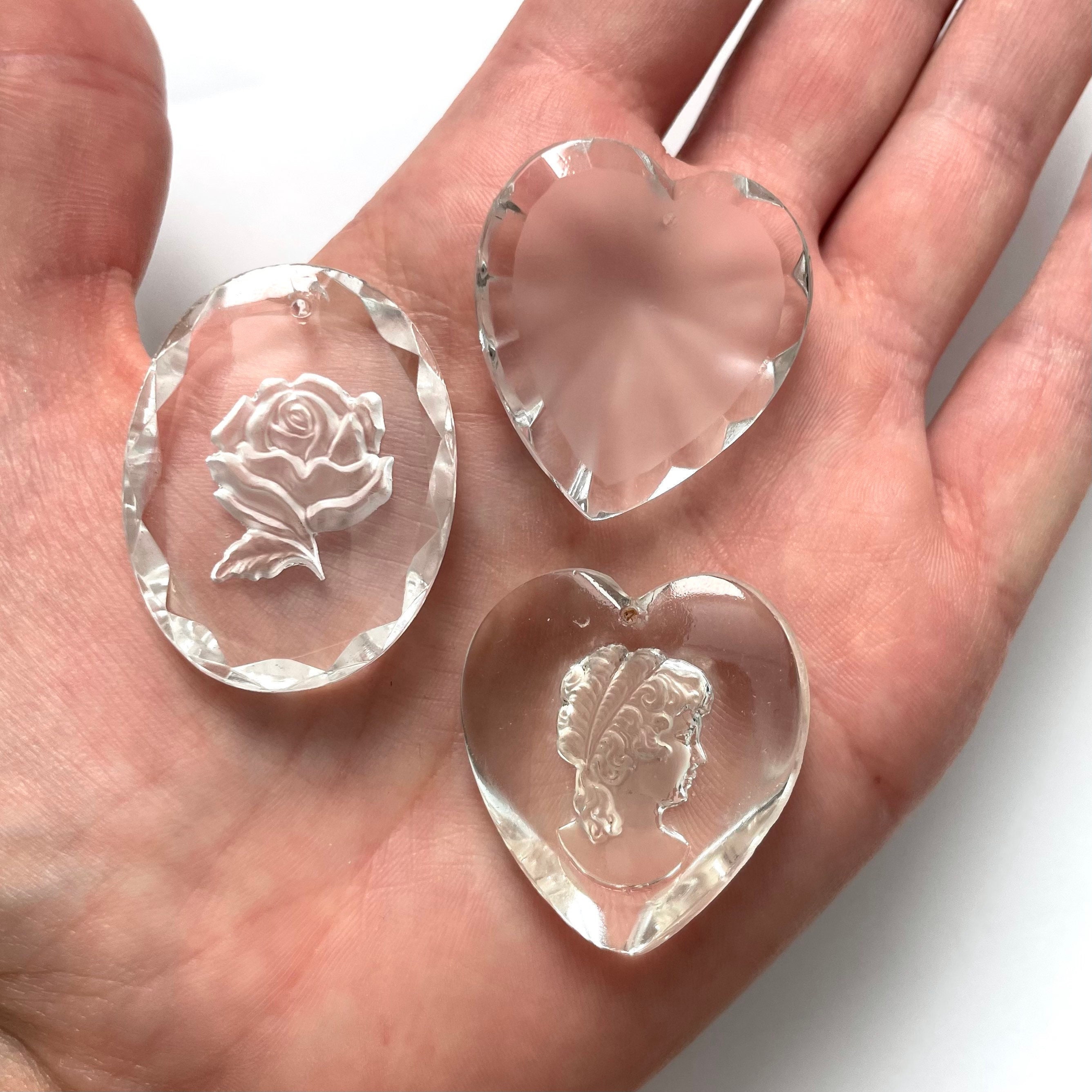 1 Vintage Intaglio Heart Cameo Rose Drops Glass Clear Large Pendants Jewelry  Beads BD261 - Etsy