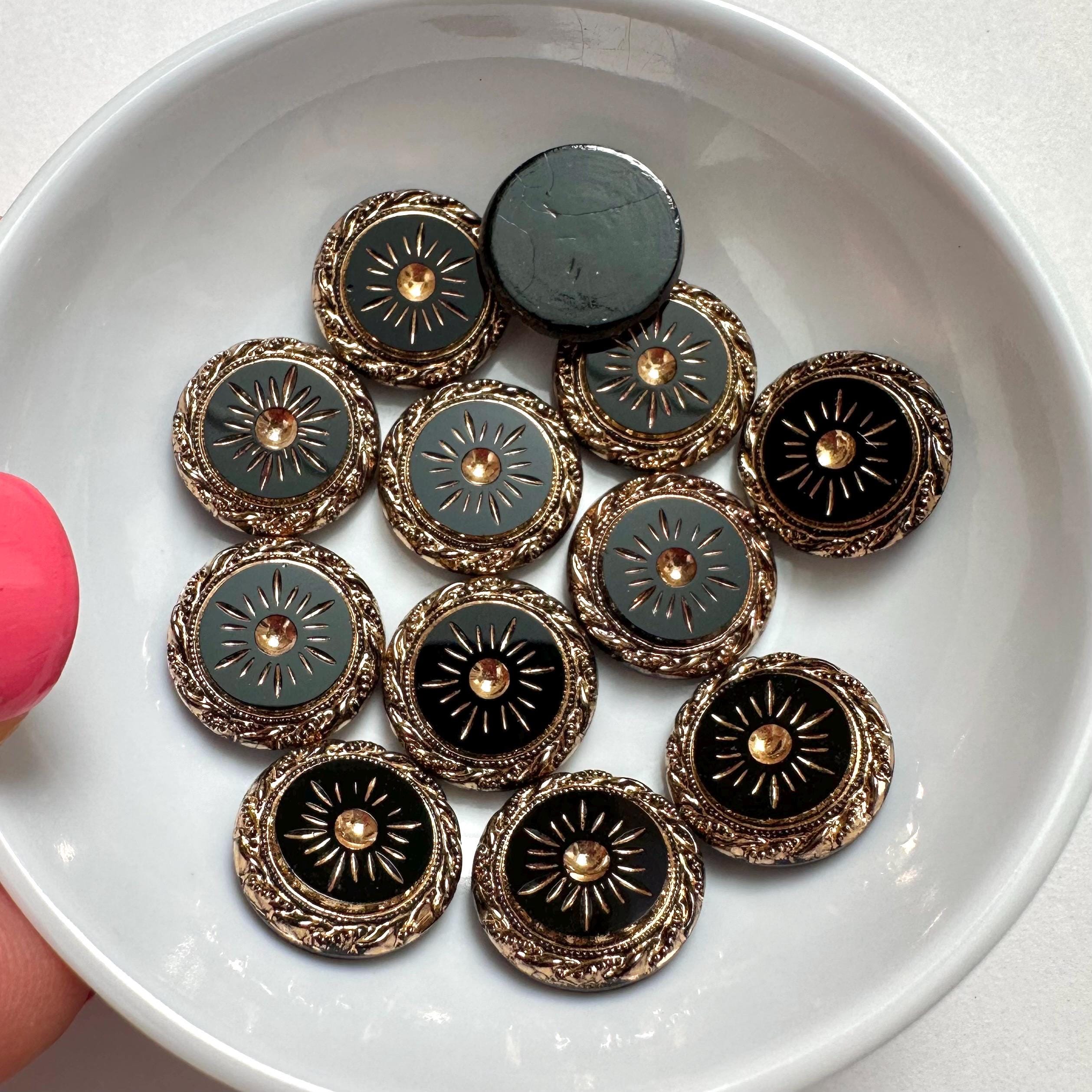 Vintage Black Glass Cabochons w. Gold Starburst Motif 13.5mm Round Recessed Shining Star Craft German Jewelry Cabs C1-75-B
