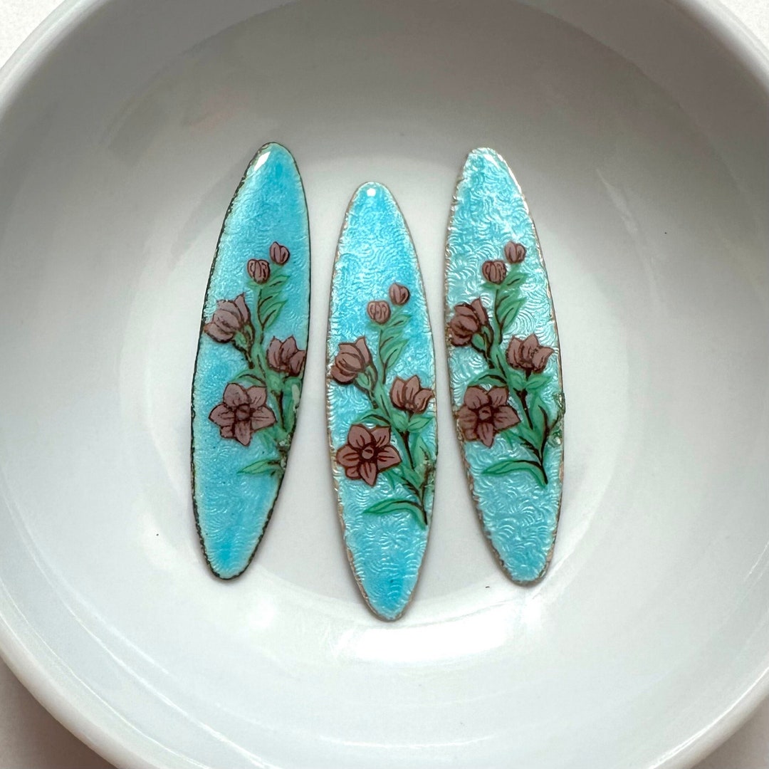 Vintage Enamel Findings Aqua Sky Blue Guilloche Rose Pink Green Painted ...