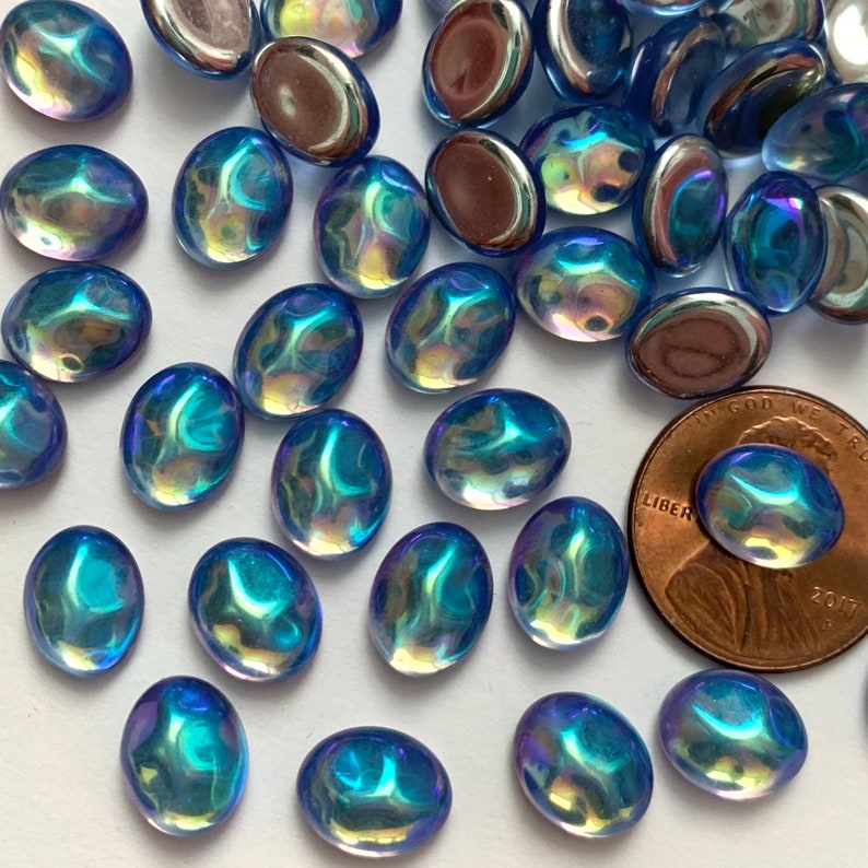 Vintage AB Cabochons 108 Blue AB Metallic Glass Foiled Flatback Oval 10x8 Funky Indented Cabs C6-36