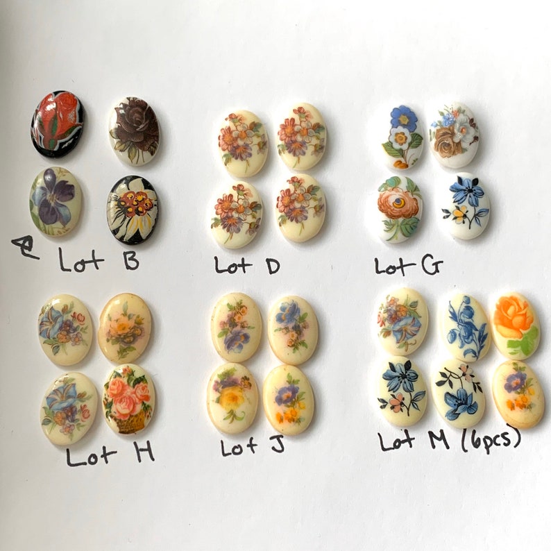 Vintage Flower Cabochons Limoges 1813 Coral Pink Blue Yellow Gold Brown Rainbow Floral Motif 18x13 Cabs C4-2