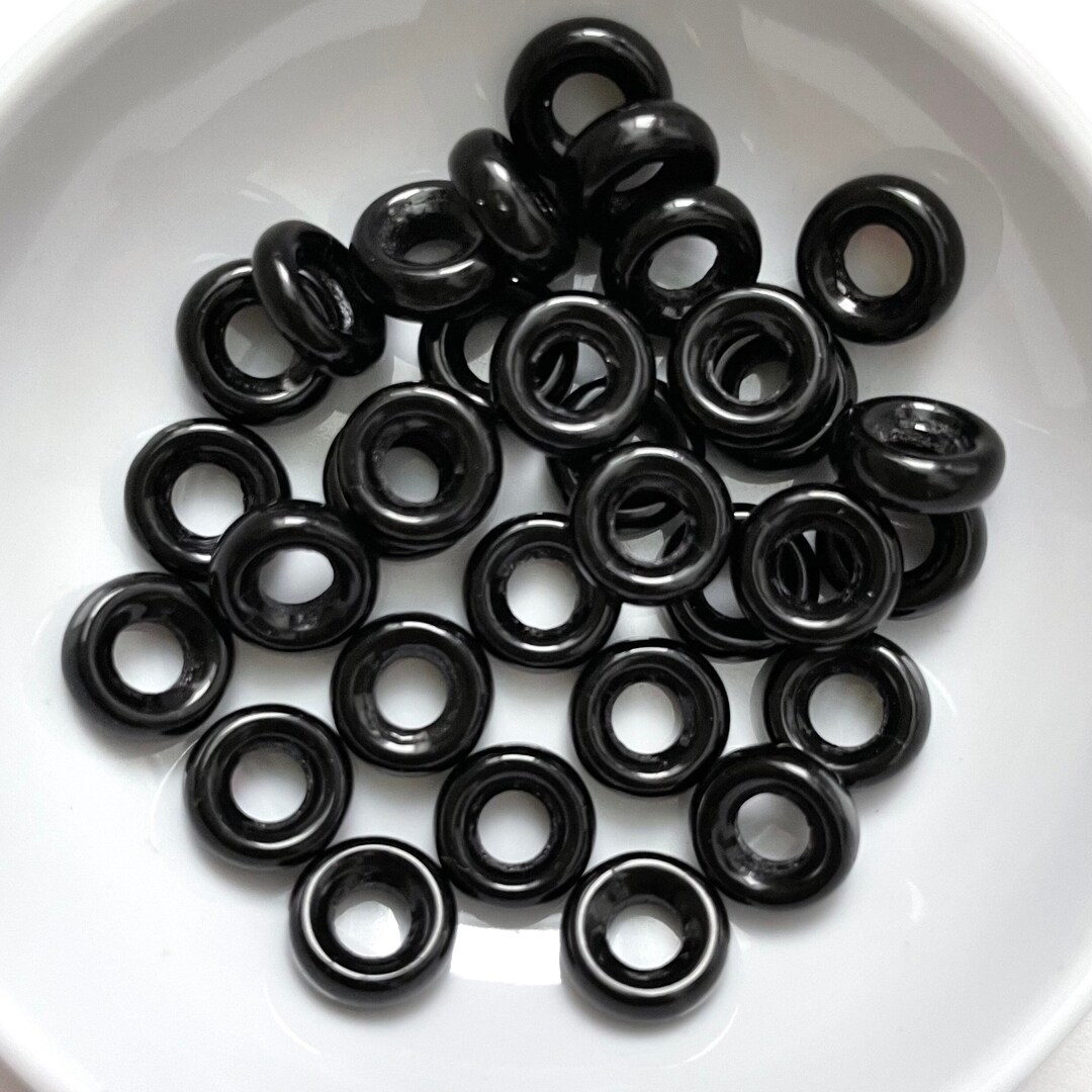 Vintage 9mm Black Glass Donut Beads / Round Spacer Ring Jewelry Beads