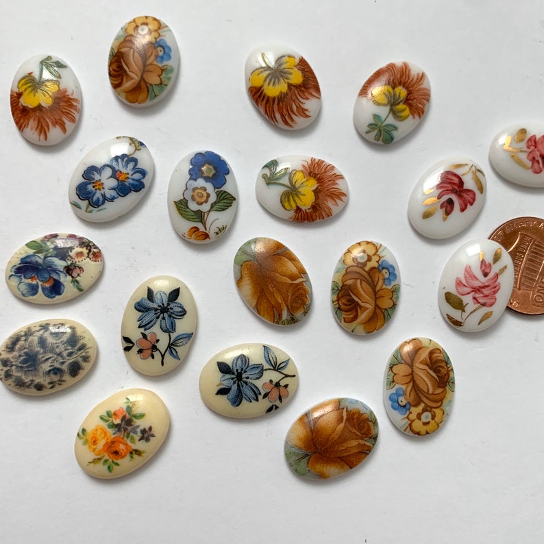 Vintage Flower Cabochons Limoges 1813 Coral Pink Blue Yellow Gold Brown Rainbow Floral Motif 18x13 Cabs C4-2