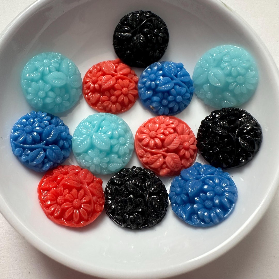 ヴィンテージ彫刻ガラスカボションフラワー日本製ブルーアクアコーラル