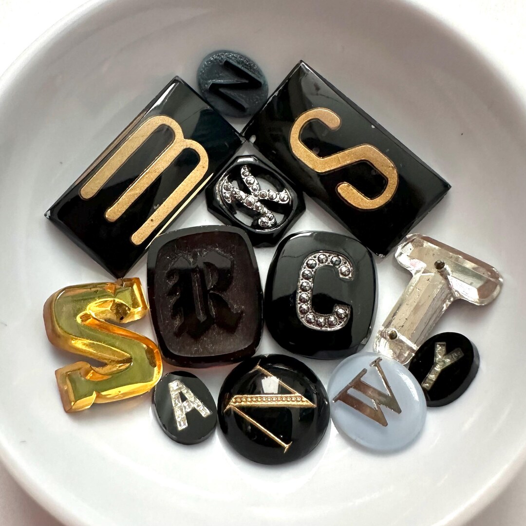 Vintage Glass Initial Cabochons Lot Letter A C K S R T N M W Y Black Marcasite Blue Gray Gold ...