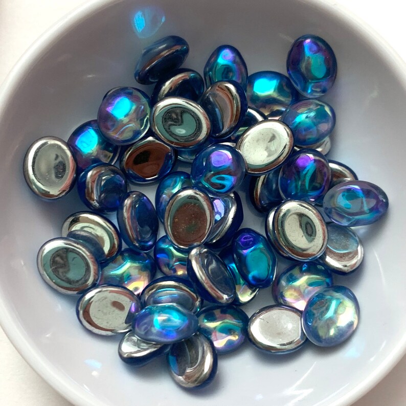 Vintage AB Cabochons 108 Blue AB Metallic Glass Foiled Flatback Oval 10x8 Funky Indented Cabs C6-36