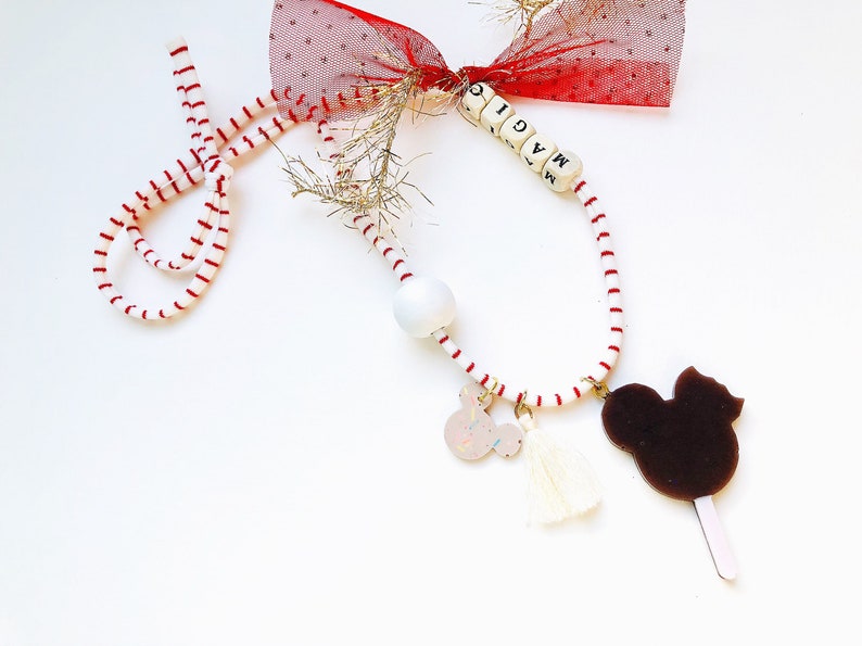 Tassel and Tulle Bow on a RedWhite Striped Jersey Cord Mouse Ice-Cream Pop Resin Necklace with MAGIC Beads Candy Mouse Head