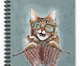 Cat Notebook, Gift for knitter, Cat lover gift, Spiral Notebook, Ruled Line, Personalized notebook, funny cat journal, Cat with glasses