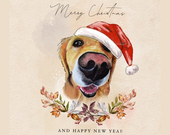 Pet Christmas Card, Santa hat dog portrait, handmade Holiday card, boho Christmas card, merry Christmas, unique handmade designs, new year