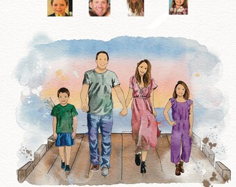 Custom family portrait Illustration, Merge photos, Christmas gift for Mom, colorful Portrait, Anniversary Gift for Parents. 12x9 Print