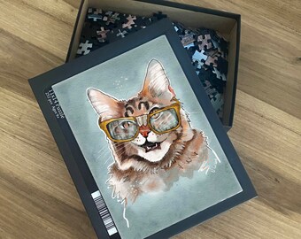 Cat Puzzle (120, 252, 500-Piece) Beautiful Jigsaw Puzzle of a Cat with Glasses, Creative gift for cat lovers, funny cat puzzle, cat mom gift