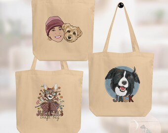 Custom tote bag with Portrait, Dog Portrait People portrait, personalized name, craft bag, Picture on Tote Bag, cute gift for girl