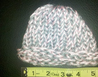 Grey and pink preemie loom knitted hat